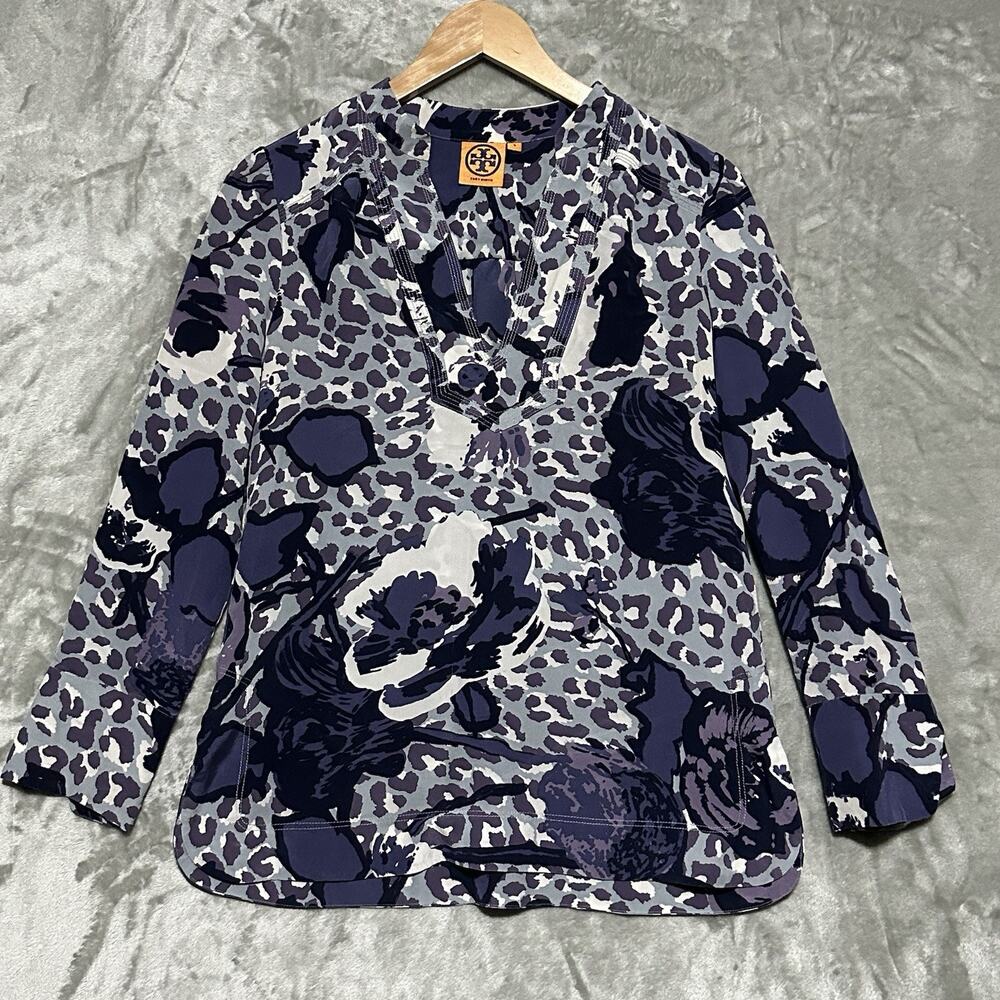 Tory Burch Animal Print Silk Tunic Blouse Womens 4 Purple Leopard Floral Sheer